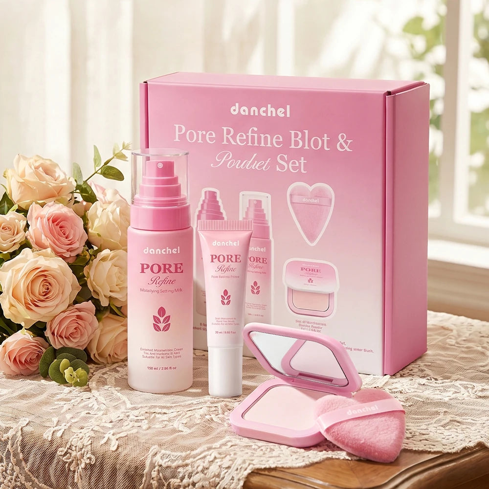 4Pcs Beauty Makeup Set Pore Blur Oil Control Matte Primer Mattifying Setting Mist Blotting Pressed Powder Puff Makeup Kit Peaceful Pleasures Health and Wellness