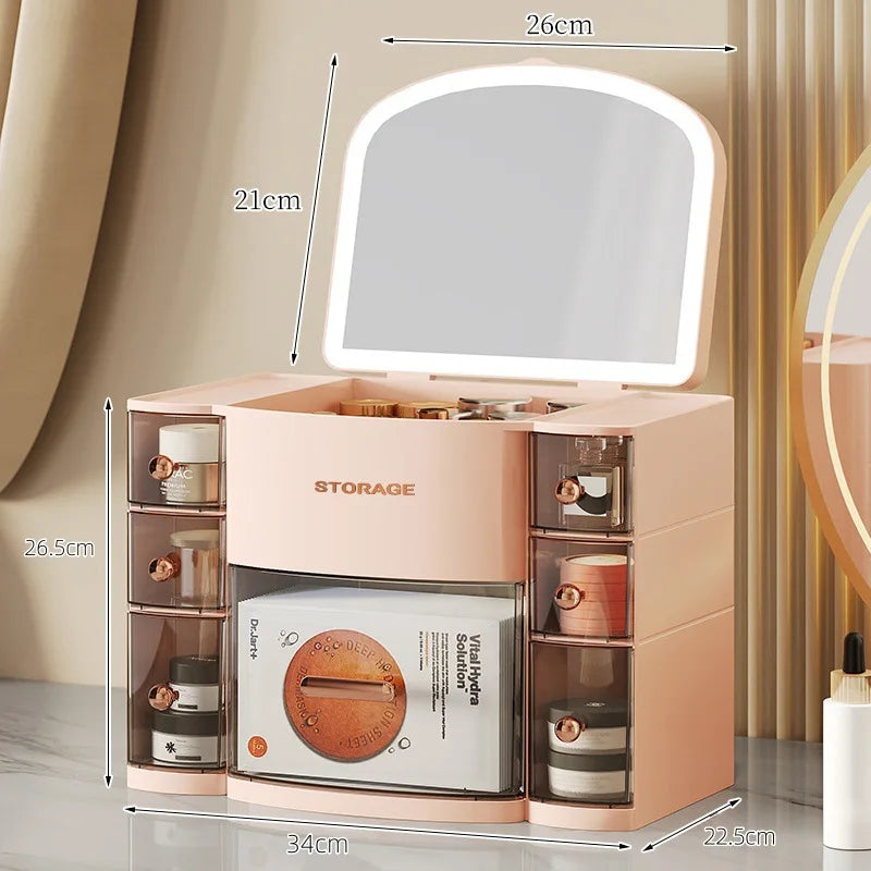 Large Capacity Cosmetic Storage Box with Mirror Dustproof Multifunctional Makeup Organizer Shelf for Vanity Table Home Use Peaceful Pleasures Health and Wellness Pink without Light