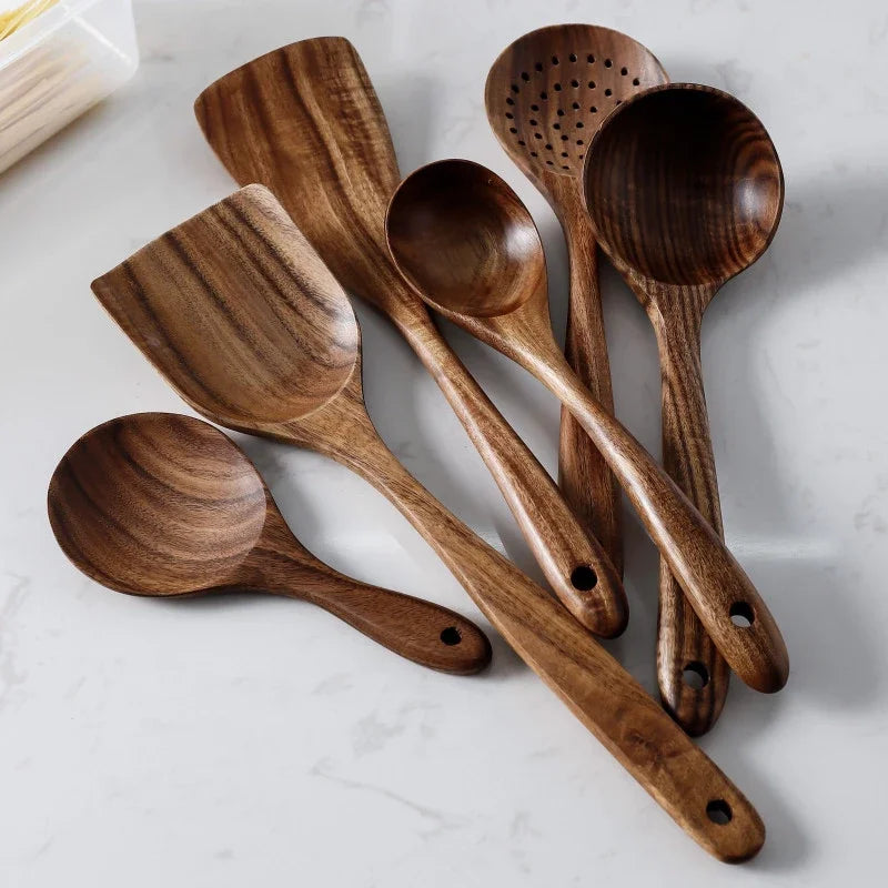 7pcs/set Teak Natural Wood Tableware Spoon Ladle Turner Rice Colander Soup Skimmer Cooking Spoon Scoop Kitchen Reusable Tool Kit Peaceful Pleasures Health and Wellness
