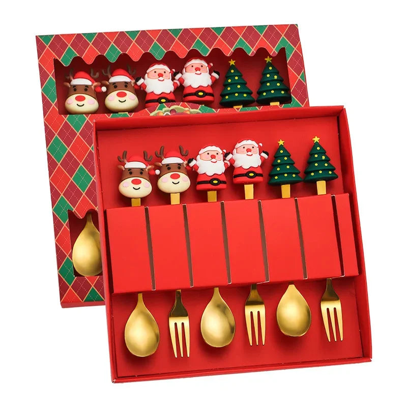 2/6pcs Christmas Gift Set Stainless Steel Spoon and Fork Cartoon Doll Tableware Coffee Spoon and Fork Set with For Home Use Peaceful Pleasures Health and Wellness 6Pcs