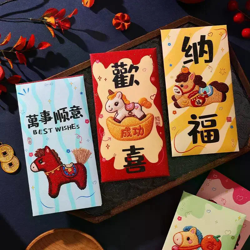 6-Pack Year of the Horse 3D Embroidery Red Envelopes | Lunar New Year