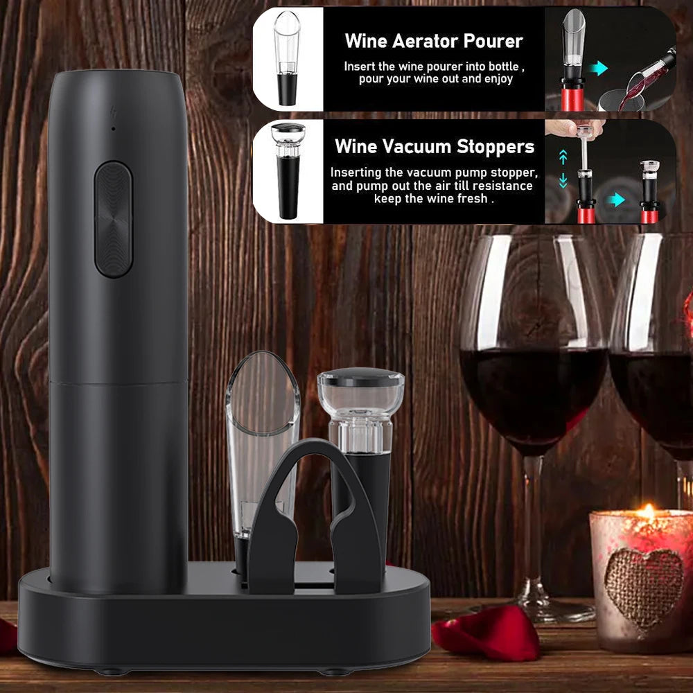 Electric Wine Bottle Opener Automatic Red Wine Corkscrew with Charging Base or Battery Powered Wine Tools Kitchen Products Peaceful Pleasures Health and Wellness