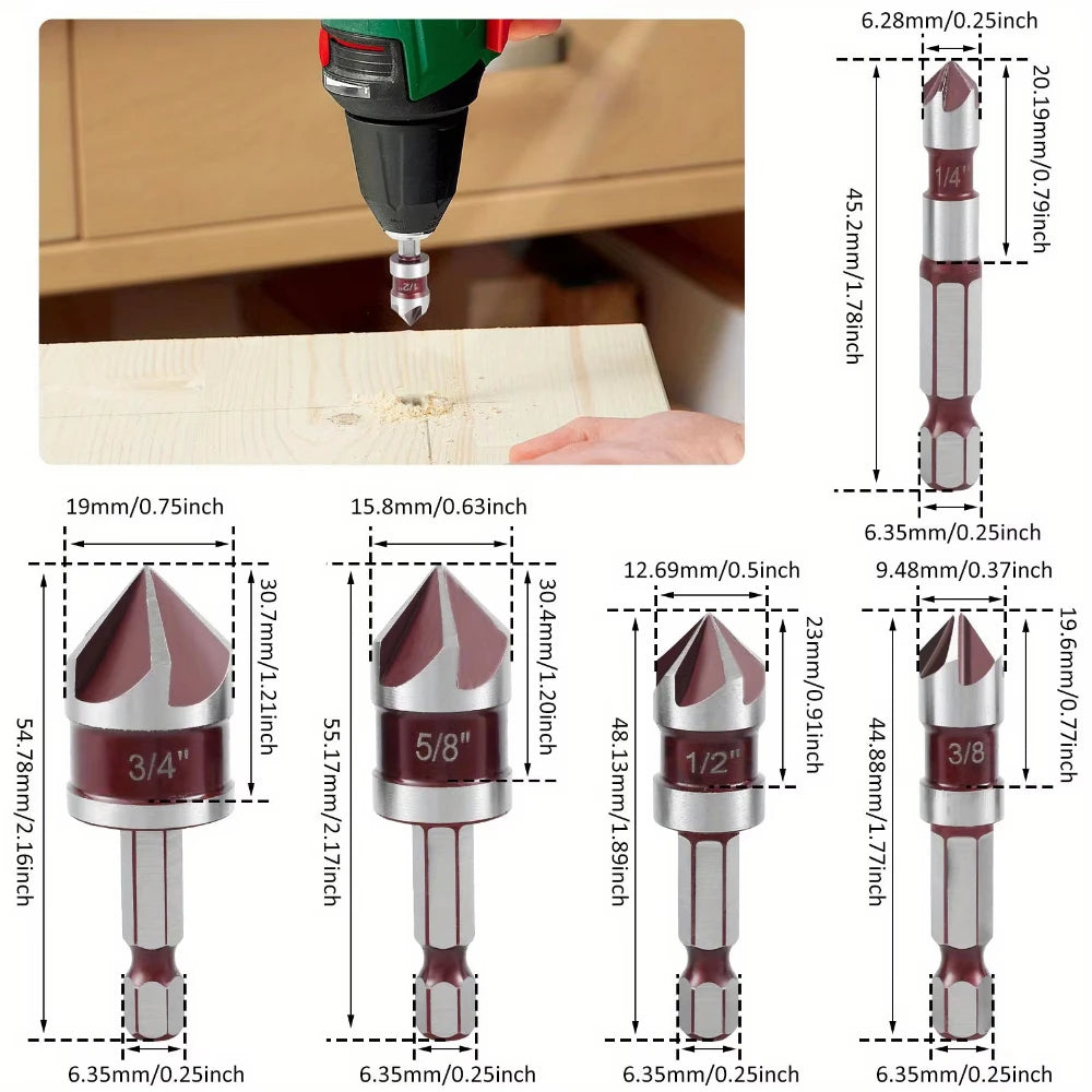 5 Flute Metal M35 Cobalt Countersink Drill Bit Set 82° 5pcs 1/4" Hex Shank Countersunk Bit Set 1/4” 3/8” 1/2” 5/8 With Holder Peaceful Pleasures Health and Wellness
