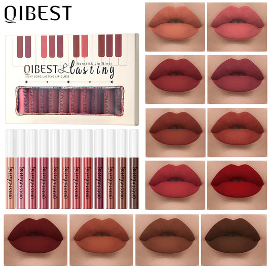 QIBEST 12pcs/set Waterproof Lip Gloss Long Lasting Velvet Nude Red Matte Liquid Lipstick Makeup Lipgloss Tint Cosmetic Sets Peaceful Pleasures Health and Wellness Set C