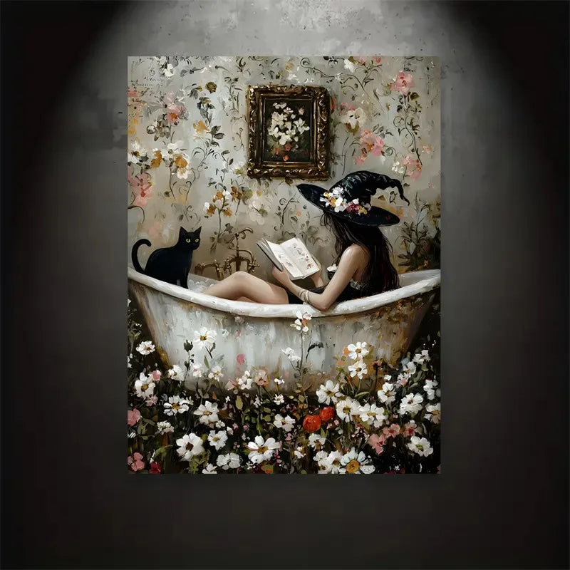 Witch Reading in Bubble Bath with Black Cat Poster,Gothic Art Print,Witch and Black Cat Bathing in Flowers,Abstract Wall Art Peaceful Pleasures Health and Wellness