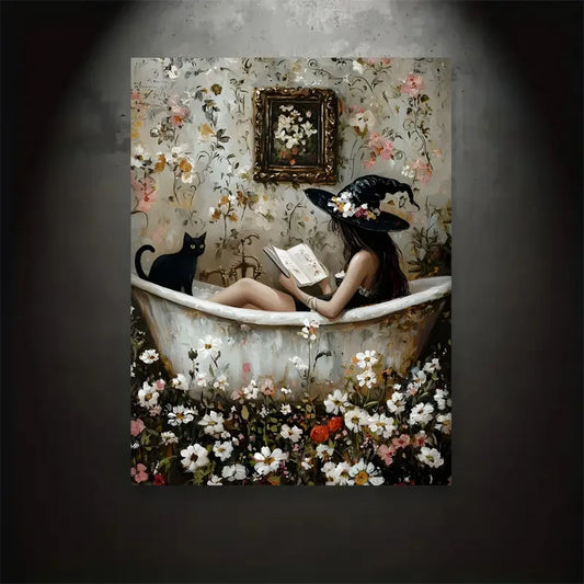 Witch Reading in Bubble Bath with Black Cat Poster,Gothic Art Print,Witch and Black Cat Bathing in Flowers,Abstract Wall Art Peaceful Pleasures Health and Wellness