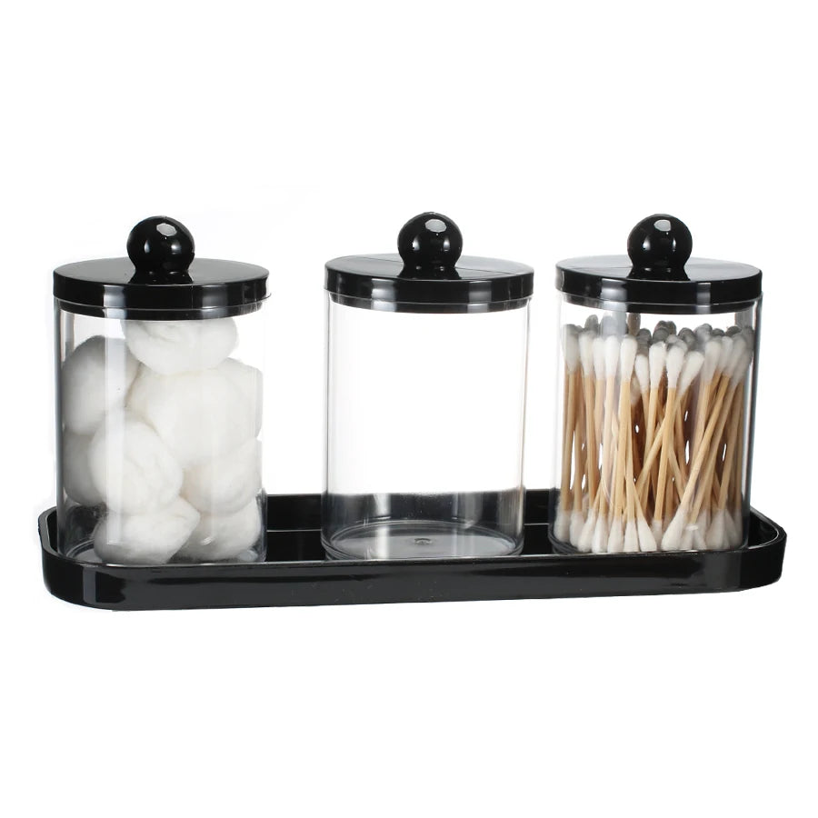 Qtip Holder Bathroom Set with Tray 3 Pack Acrylic Plastic Apothecary Jars Qtip Dispenser Canister with Lid Bathroom Organizers Peaceful Pleasures Health and Wellness A