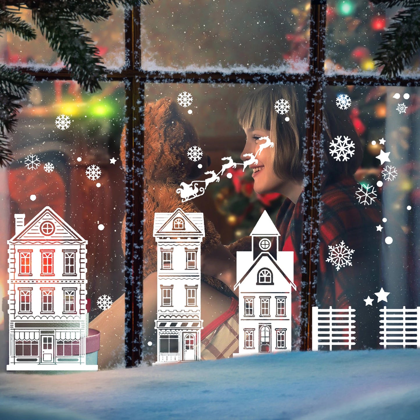 Christmas Static Window Clings – Elk, Snowflake & Xmas Tree PVC