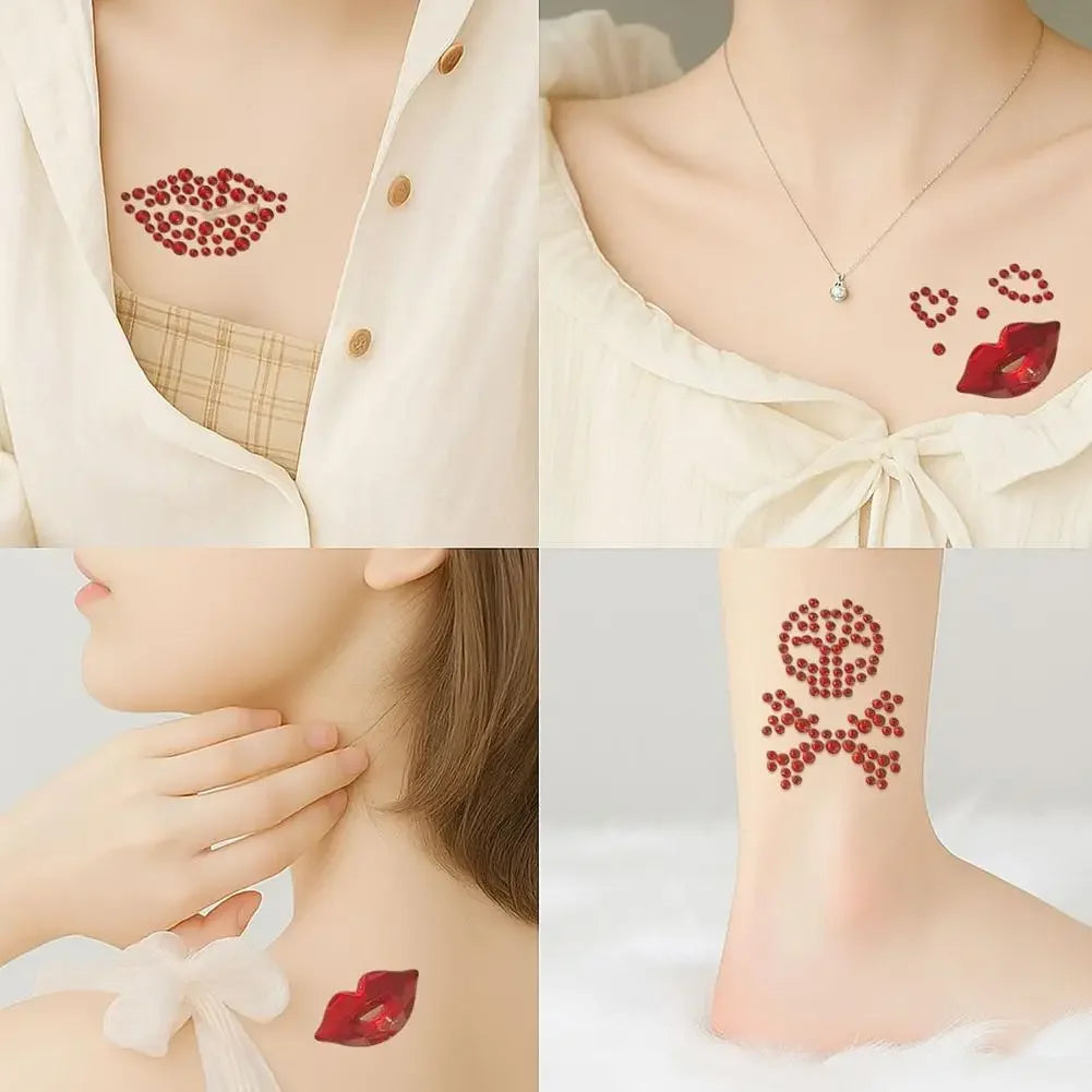 Red Heart & Lips Rhinestone Tattoos Self-Adhesive Glitter Face & Body Makeup Stickers Valentine's Day Face Gems Party Supplies Peaceful Pleasures Health and Wellness