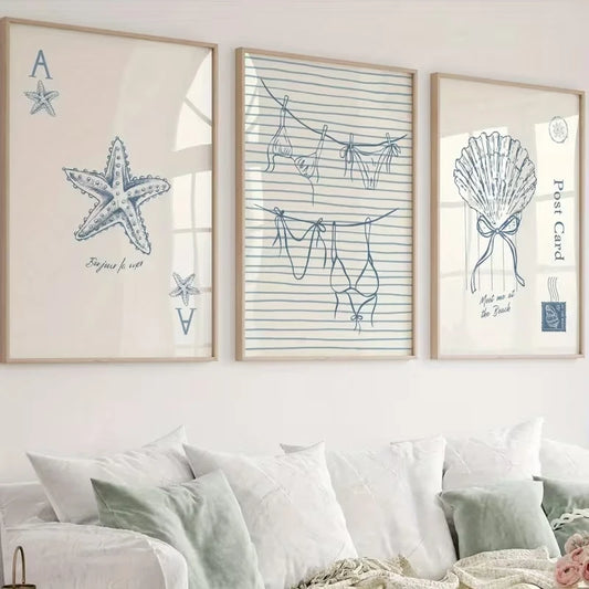 3-Piece Coastal Blue Seashell Canvas Wall Art | Home Decor Canvas Wall Art Set Peaceful Pleasures Health and Wellness G4238-3pcs 50x70cm Unframed
