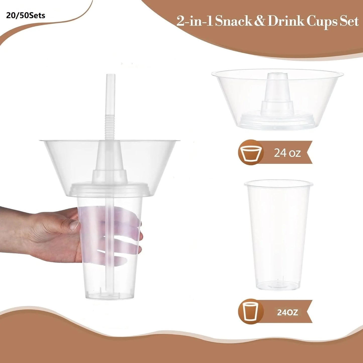20/50 Disposable Snack Bowl and Drink Cup Set in One for Your Party Takeaway Container for Drink Beverage Transparent Protest Peaceful Pleasures Health and Wellness Clear Bowl 20pcs