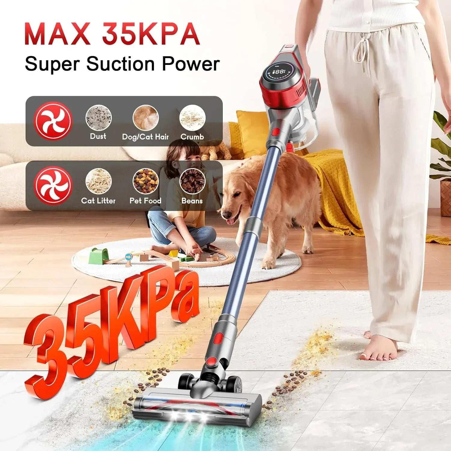 Rechargeable Cordless Stick Vacuum, 35Kpa Powerful Suction, 45Min Runtime, LED Display, 8-in-1 for Hard Floors & Carpets Peaceful Pleasures Health and Wellness