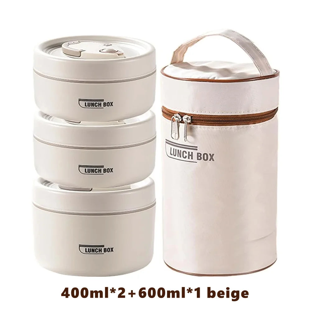 Insulated Lunch Container Set – 3 Stackable Stainless Steel Bento Boxes with Bag Peaceful Pleasures Health and Wellness Beige 3 1400ML