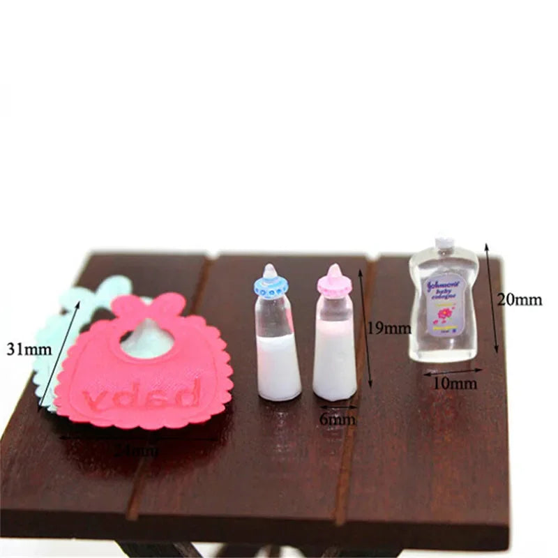 1:12 Dollhouse Miniature Baby Nursery Set – Bottles, Bibs & Shampoo