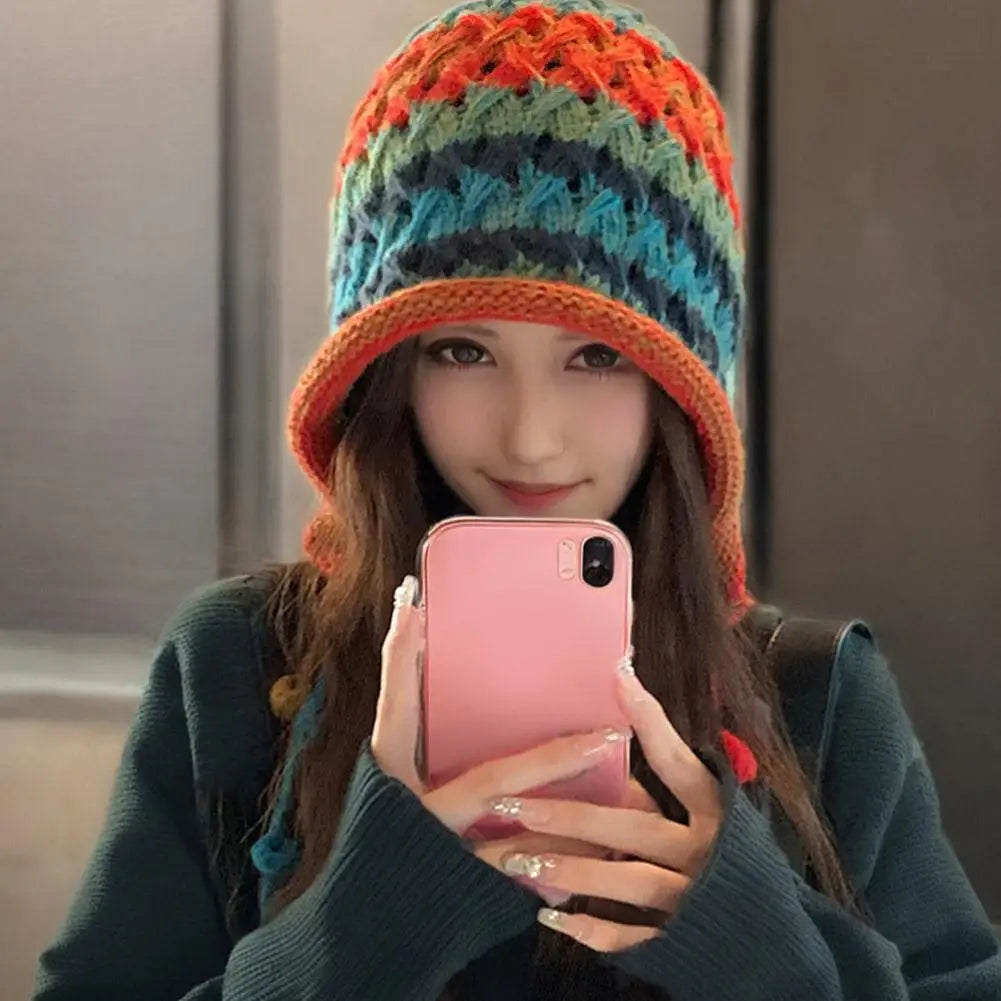 Rainbow Striped Knit Beanie Hat – Women's Winter Ear Protection