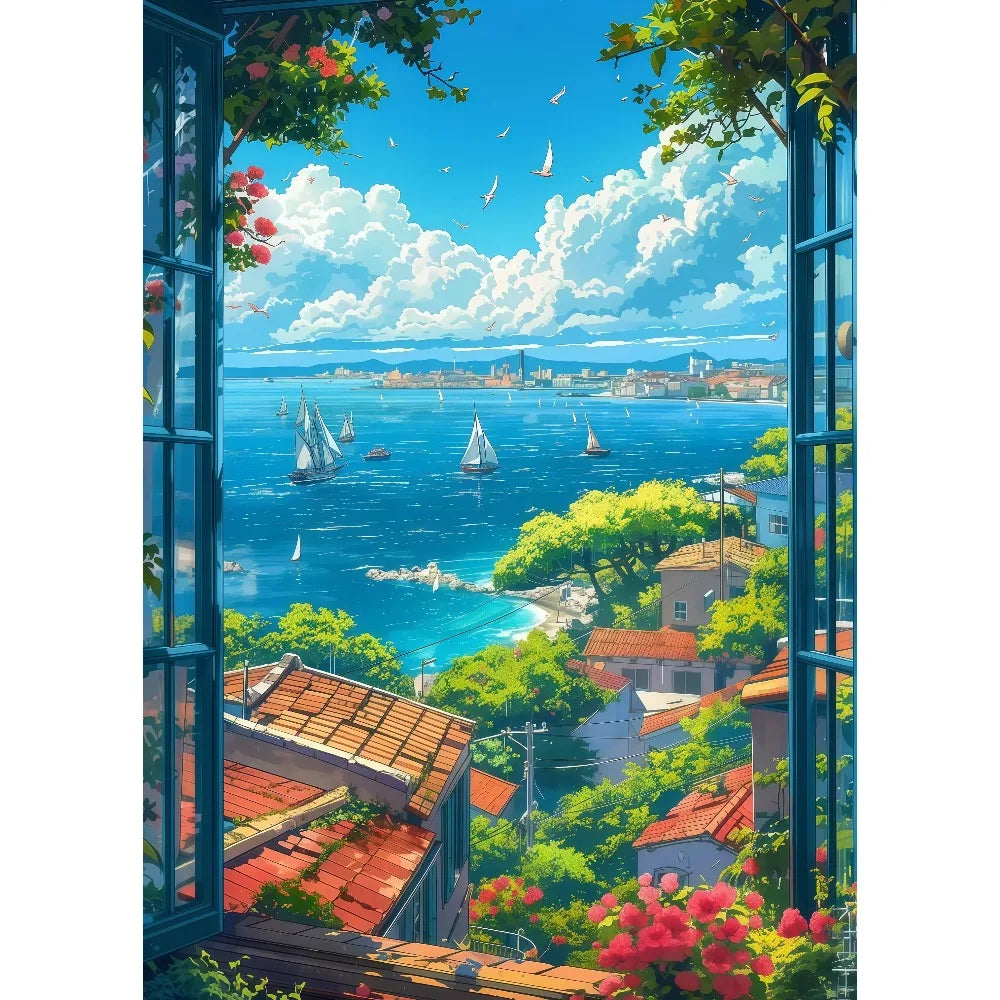 Anime Summer Landscape Canvas Wall Art | Beach Forest Cabin