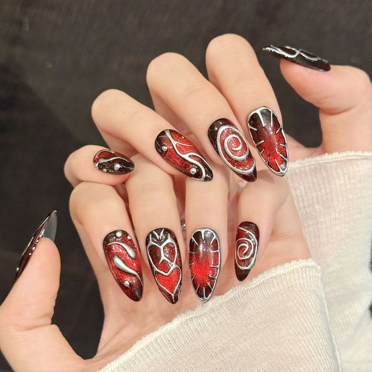 10pcs Handmade Press on Nails Retro Red Brown Cat's Eye Fake Nail Tips Wearable Y2K Long Almond Flash Cool 3D False Nails Decor Peaceful Pleasures Health and Wellness