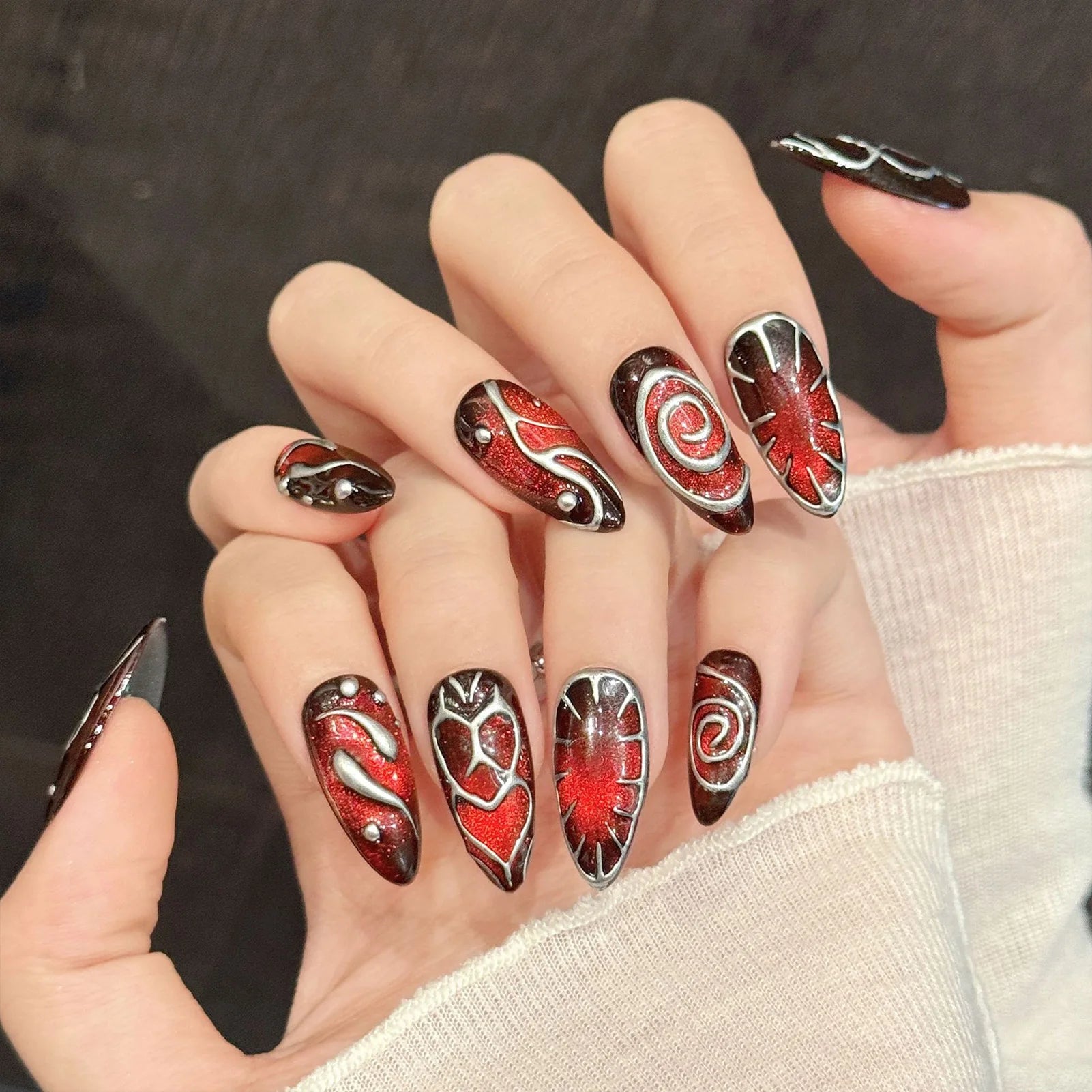 10pcs Handmade Press on Nails Retro Red Brown Cat's Eye Fake Nail Tips Wearable Y2K Long Almond Flash Cool 3D False Nails Decor Peaceful Pleasures Health and Wellness