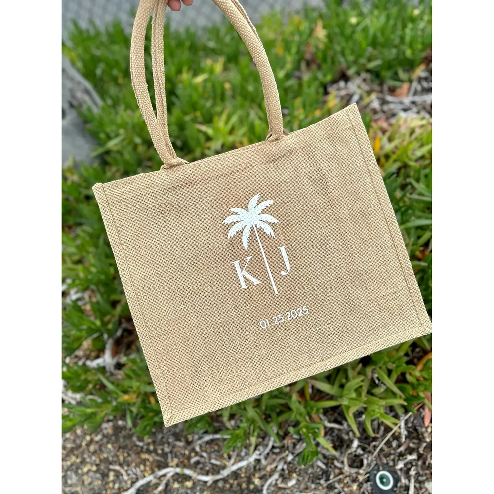Custom Palm Tree Burlap Tote Bag | Bridal Shower Beach Gift