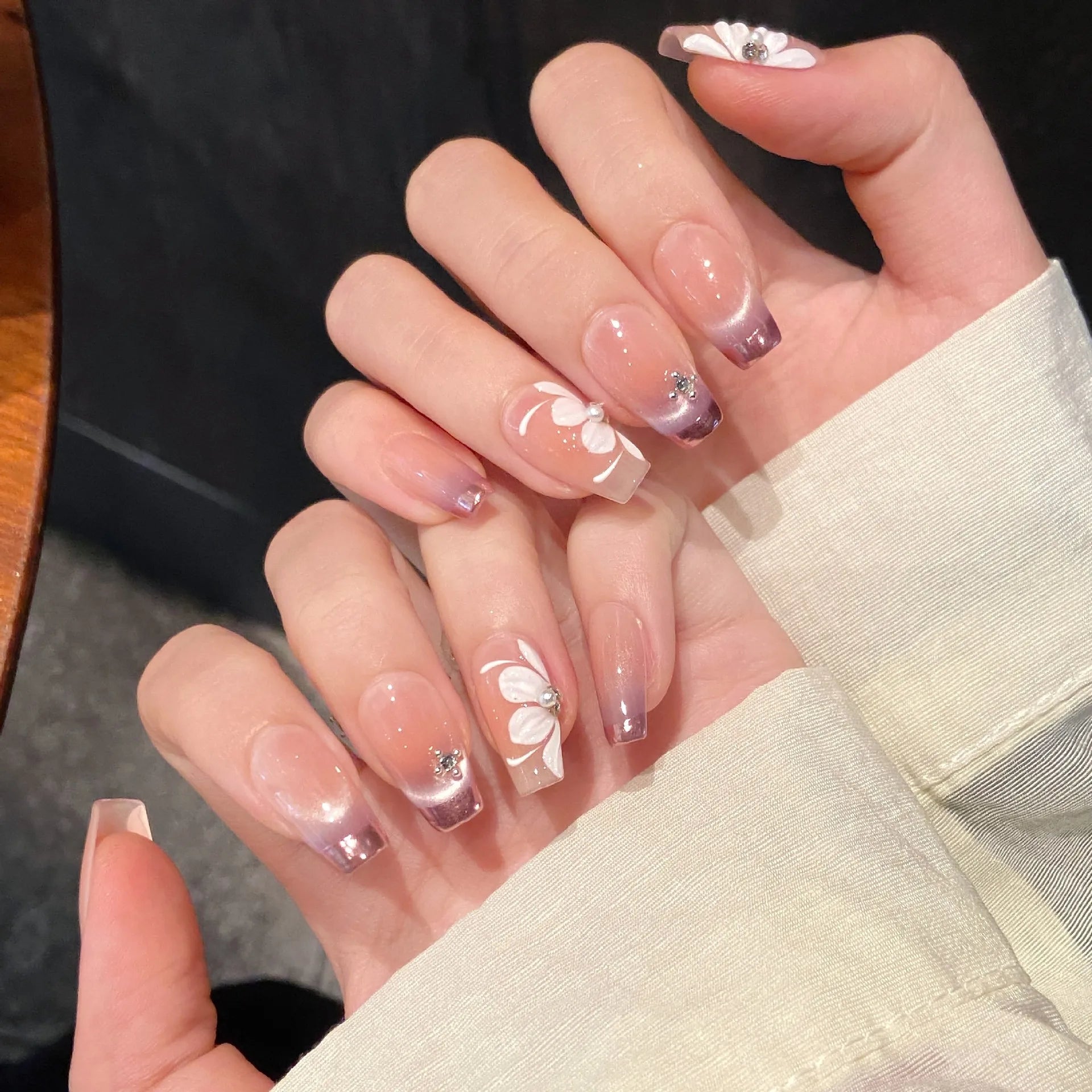 10pcs Handmade Press on Nails Sweet Petal Print French Cat Eye Fake Nails Wearable Spring Summer Korean Sweet Fake Nails Peaceful Pleasures Health and Wellness M