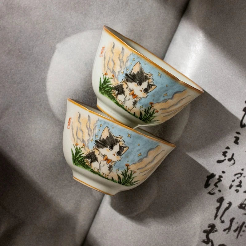 Ceramics Lovely Cat Your Ru Kiln Sunflower Mouth Teacup Master Cup Ceramic Personal Special Tasting Cup Ice Crack Glaze Tea Bowl Peaceful Pleasures Health and Wellness