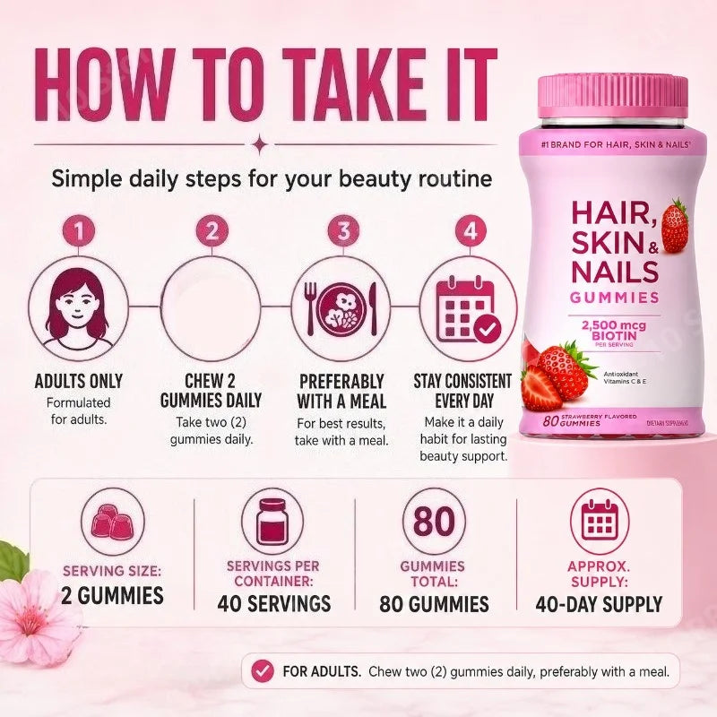 Biotin 2500mcg Hair Skin Nails Gummies – Vitamins A C E | 80ct