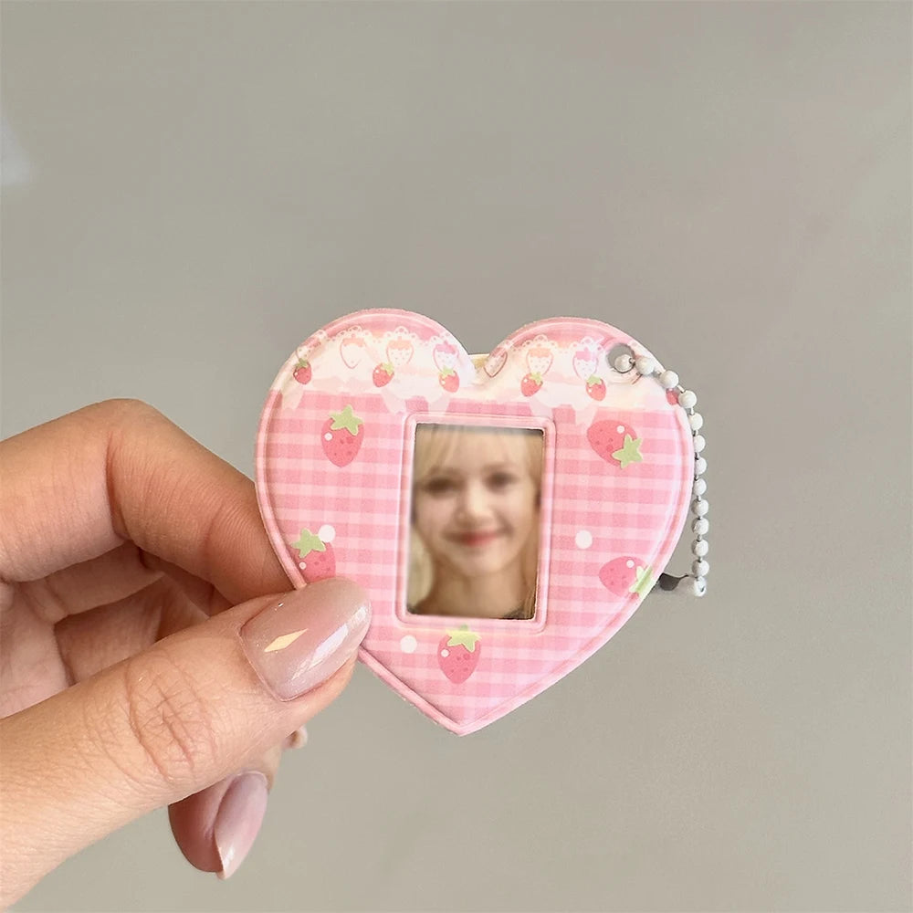 Pink Grid Strawberry Love Card Holder 1-inch ID Photo Bag Pendant
