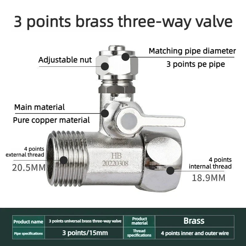 Copper 3-Way Shut-Off Valve 1/4" & 3/8" | RO Water Adapter