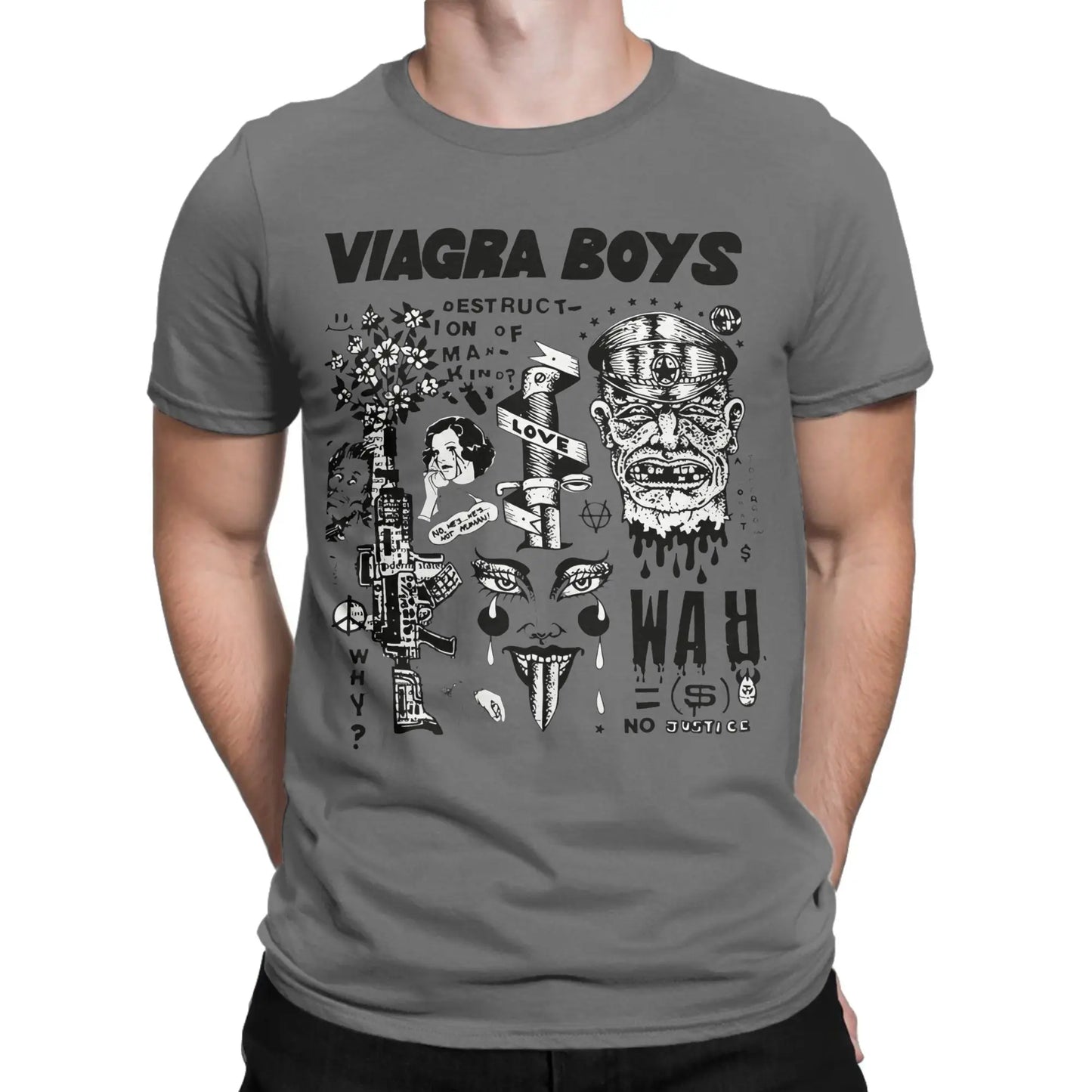 Viagra Boys Band Vintage Cotton T-Shirt | Men's Graphic Tee Band Graphic T-Shirt Peaceful Pleasures Health and Wellness Dark Grey XXXL
