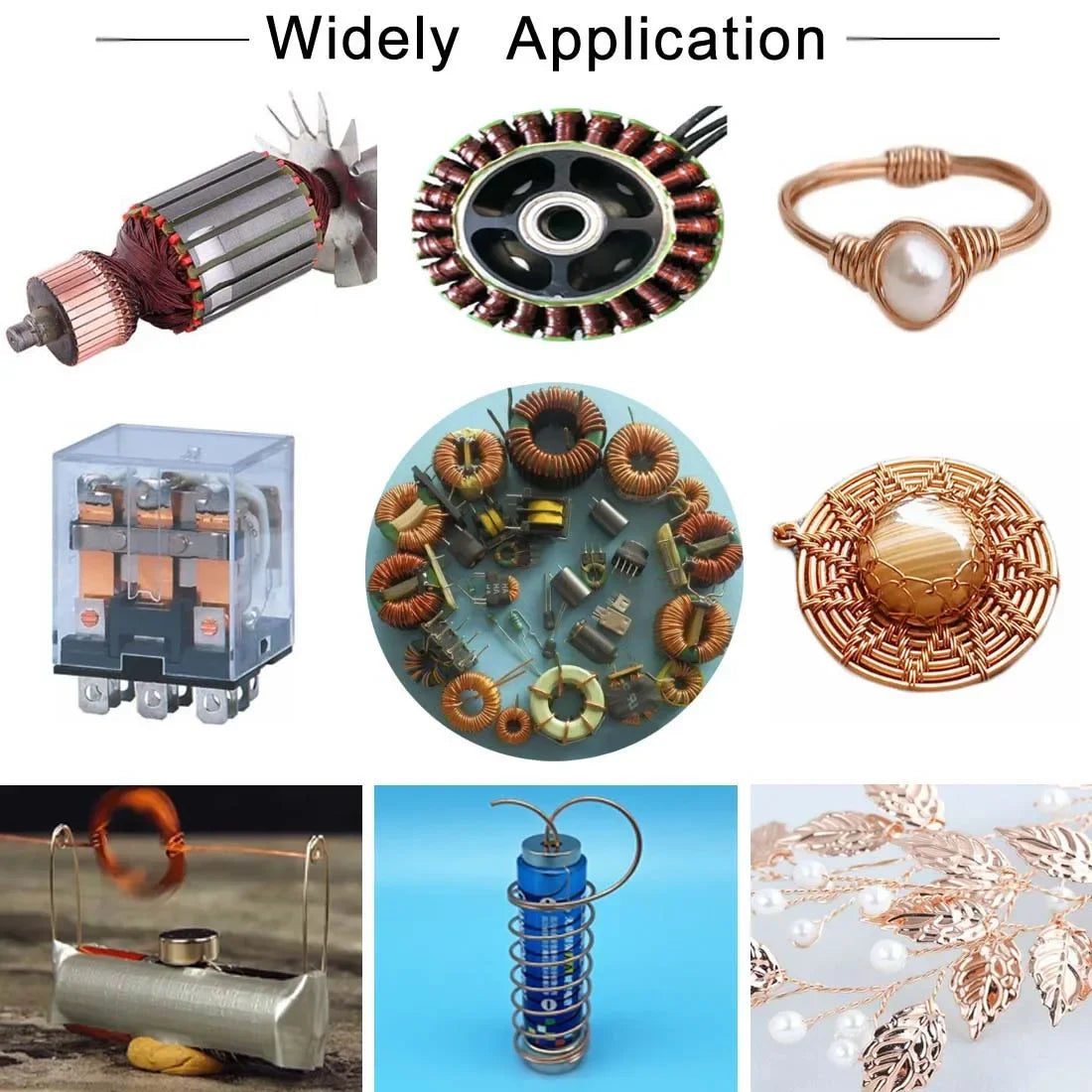 Collage of various electrical components and jewelry on a white background with 'Widely Application' text.