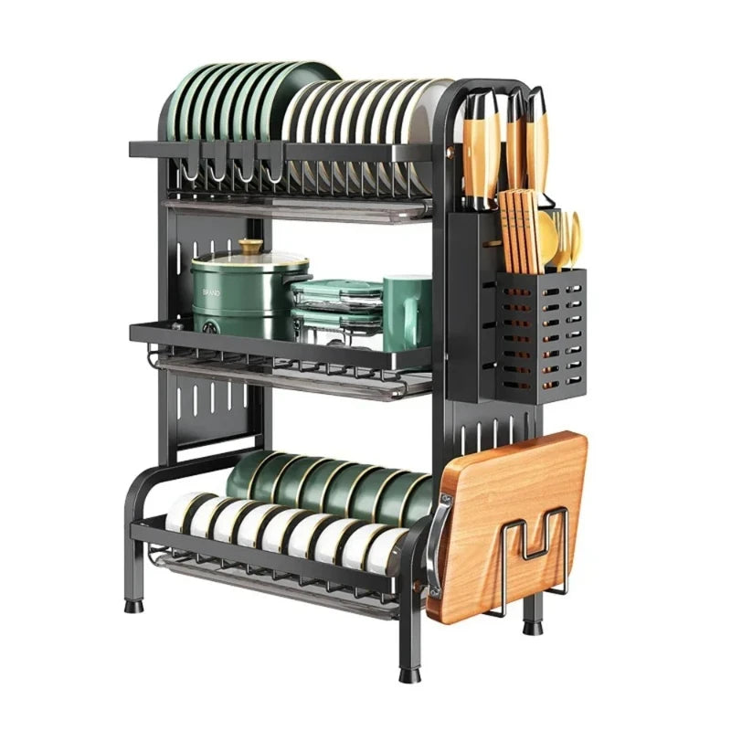 Carbon Steel Kitchen Dishes Drying Storage Rack With Drain Tray Large-capacity Plate Rack Cutlery Chopping Board Tool Organizer Peaceful Pleasures Health and Wellness