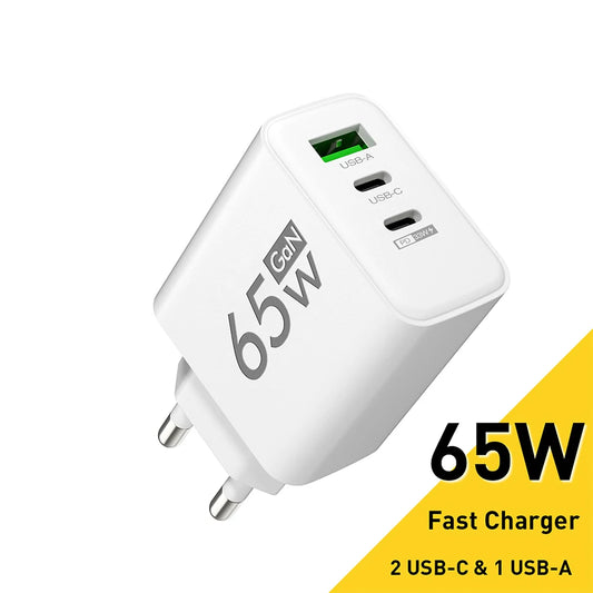 65W GaN USB-C Charger PD & QC 3.0 | 3-Port Fast Wall Adapter GaN Wall Charger Peaceful Pleasures Health and Wellness