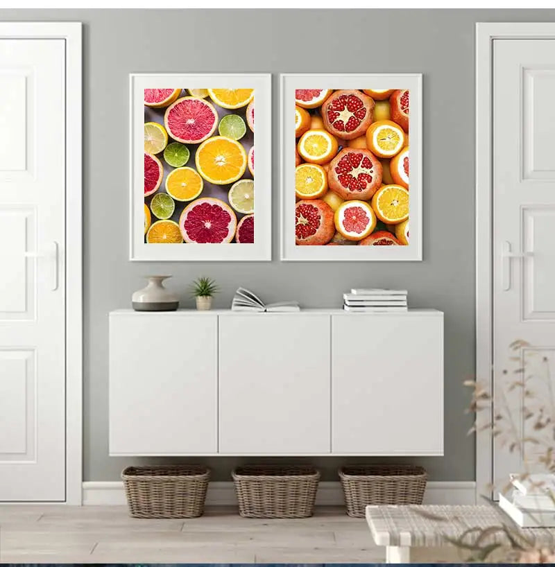 Nordic Wall Art Canvas Painting Colorful Fresh Vegetable Fruits Posters for Kitchen Decor Orange Lemon Picture for Restaurant Peaceful Pleasures Health and Wellness