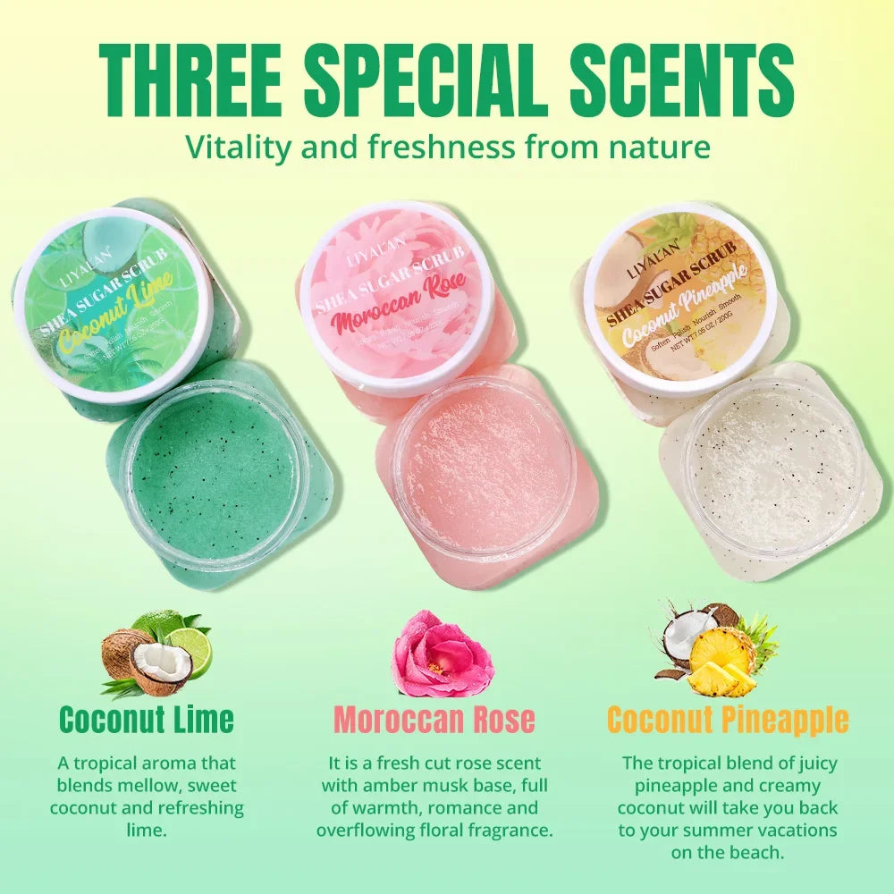 Shea Sugar Body Scrub Set – 12pcs Fruity Exfoliating Bath Scrub Peaceful Pleasures Health and Wellness