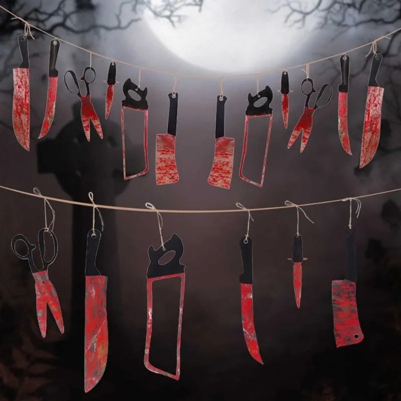 Halloween Bloody Knife Hanging Banner Horror Prop – 1–4 Sets