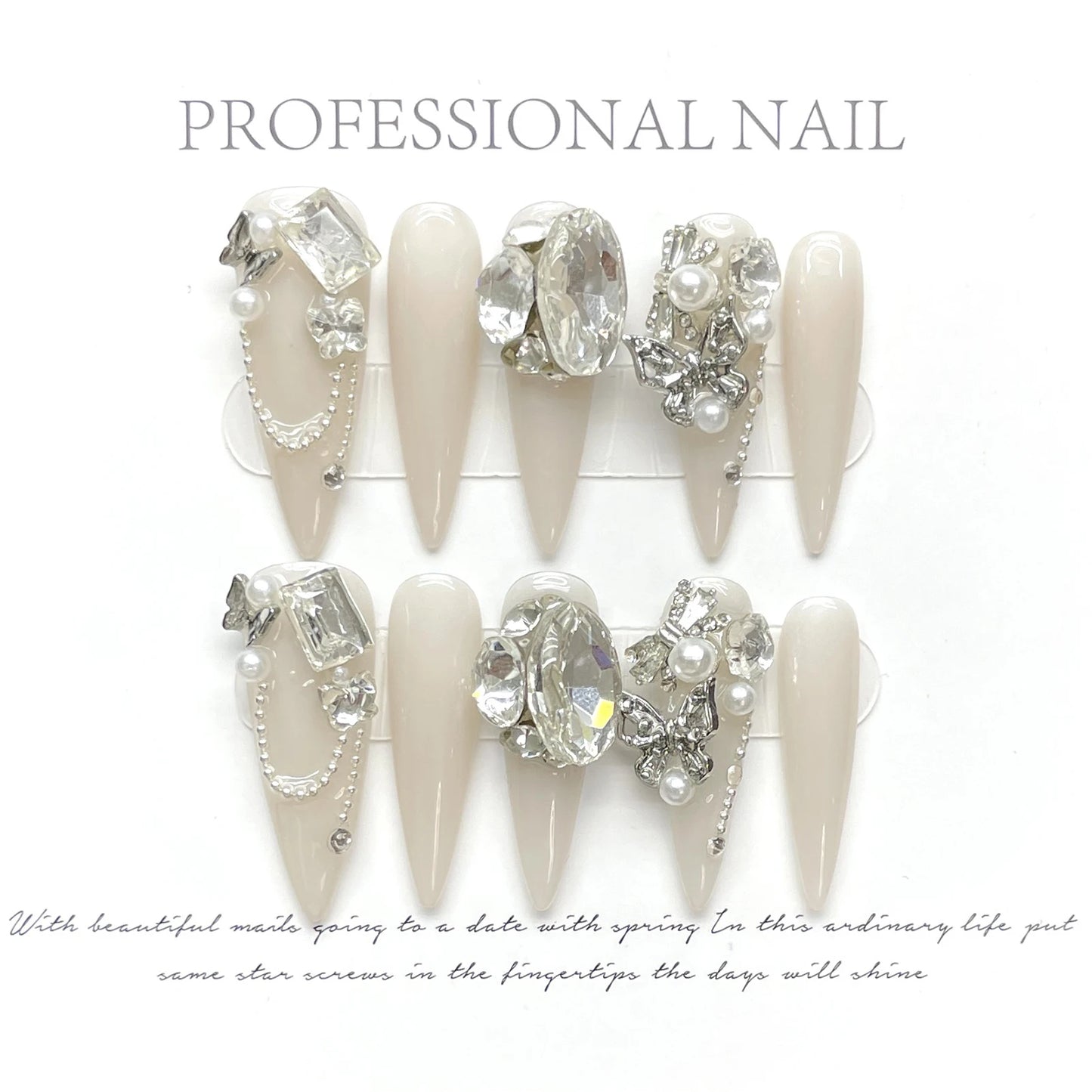 Handmade Press On Nails with Shiny Rhinestone Design Stiletto False Nails Glitter Crystal Pearl Long Pointed Fake Nail Tips Peaceful Pleasures Health and Wellness
