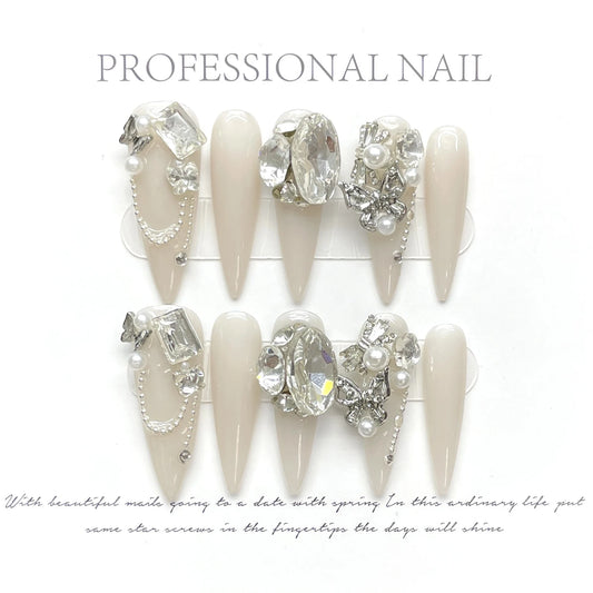 Handmade Press On Nails with Shiny Rhinestone Design Stiletto False Nails Glitter Crystal Pearl Long Pointed Fake Nail Tips Peaceful Pleasures Health and Wellness