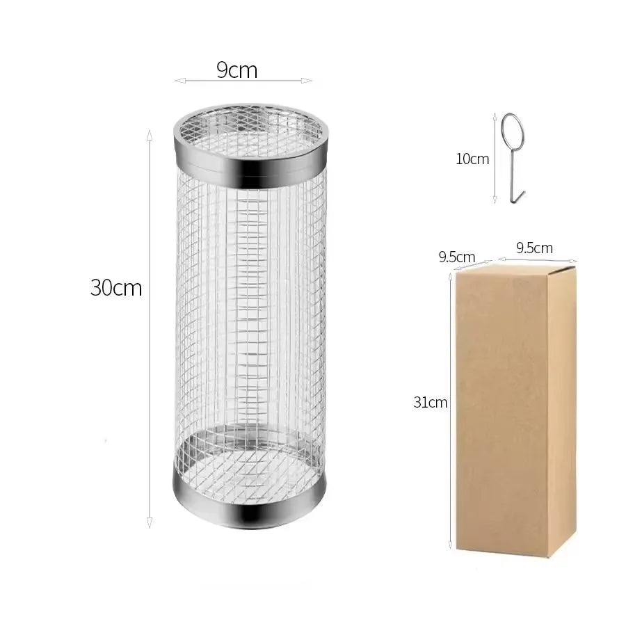 Rolling BBQ Grill Basket – Stainless Steel Cylinder Mesh Drum