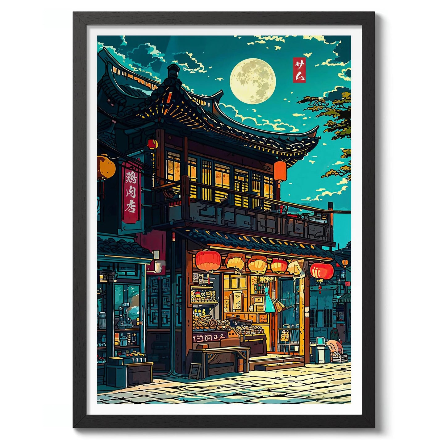 Anime Ramen Shop Gourmet Illustration Canvas Print City Street Scene Wall Poster for Modern Living Room Kitchen Home Decor Gifts Peaceful Pleasures Health and Wellness