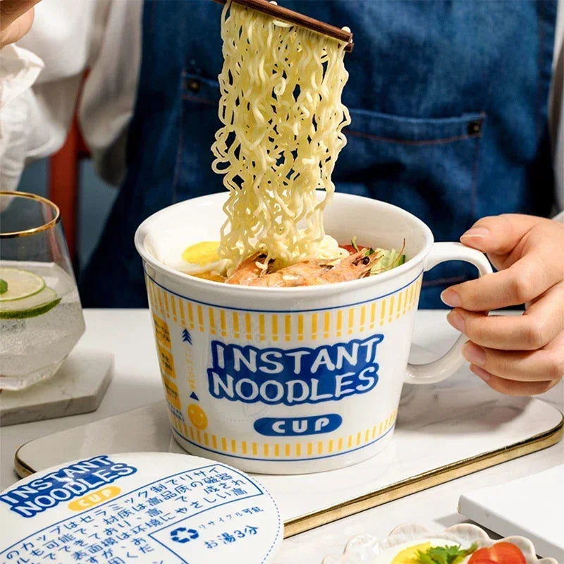 Hot Sale Ceramic Instant Noodle Bowl With Handle Large Capacity instant noodles bowl Cute Design instant noodles Bowl With Lid Peaceful Pleasures Health and Wellness