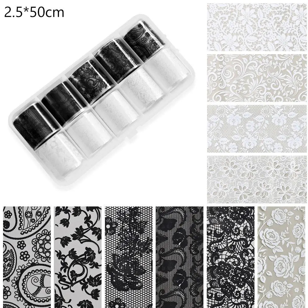 10 Rolls Lace Nail Art Foils | Black & White Self-Adhesive Stickers