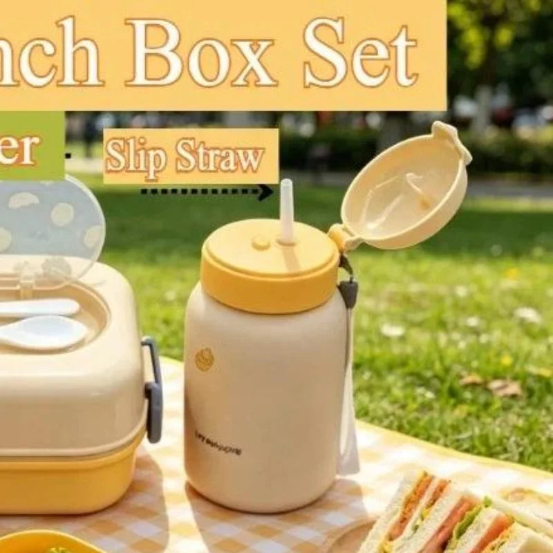 Kids Bento Lunch Box & Water Bottle Set | Fruit Design 2-in-1