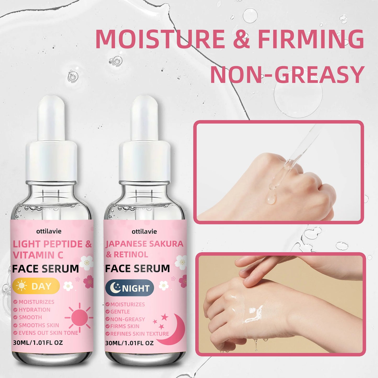 2pcs Japanese Sakura Retinol & Light Peptide VC Serum | 24H Hydration | Quick-Absorbing | For All Skin | Holiday Gift Peaceful Pleasures Health and Wellness