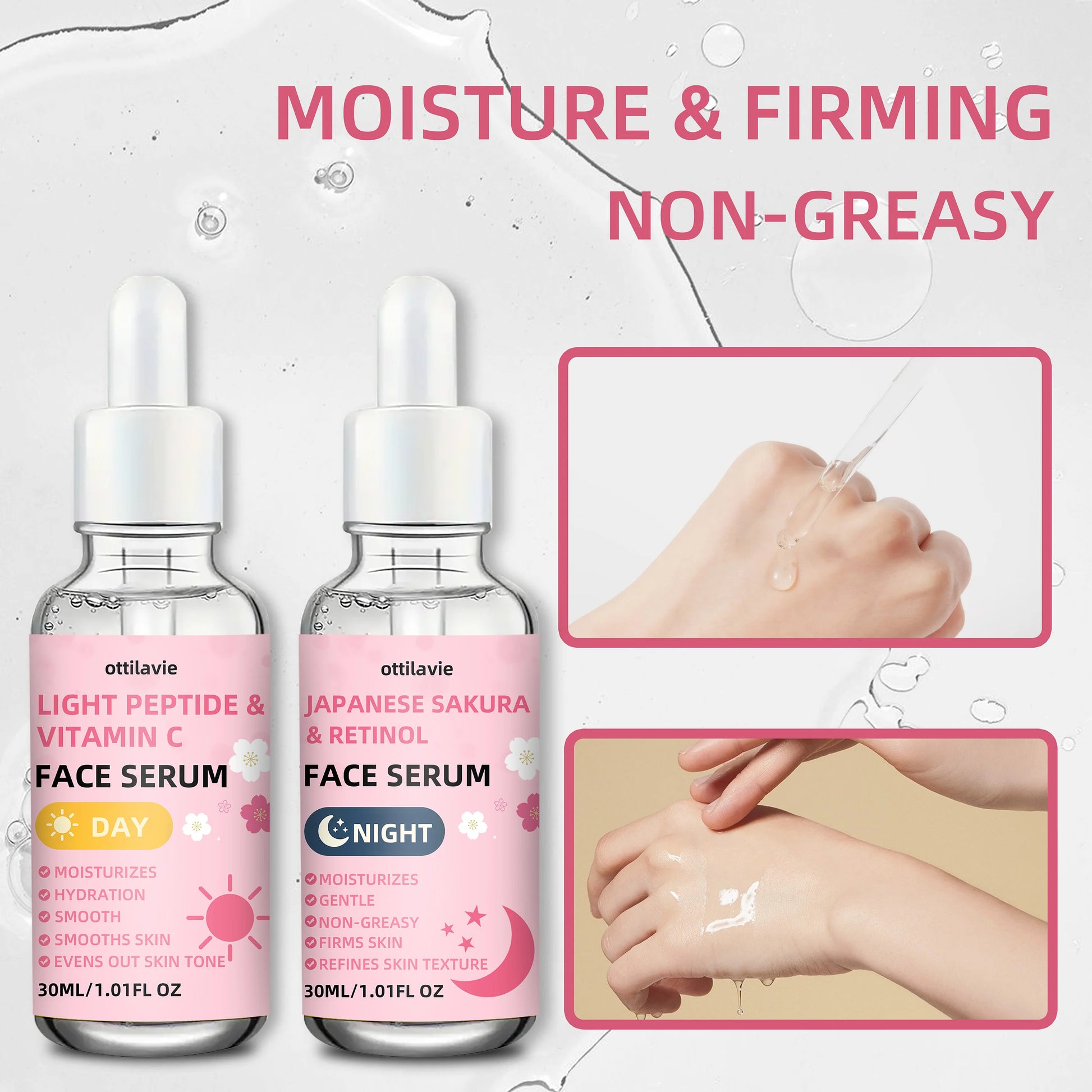 2pcs Japanese Sakura Retinol & Light Peptide VC Serum | 24H Hydration | Quick-Absorbing | For All Skin | Holiday Gift Peaceful Pleasures Health and Wellness