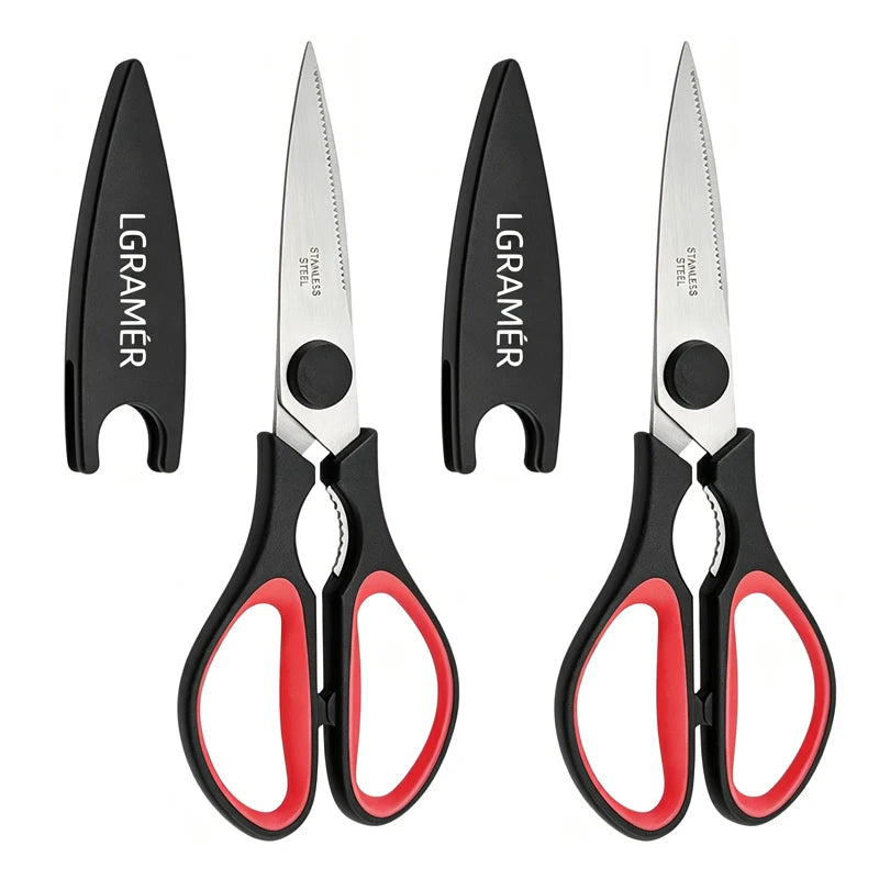 Red Stainless Steel Kitchen Scissors | Serrated Shears & Opener