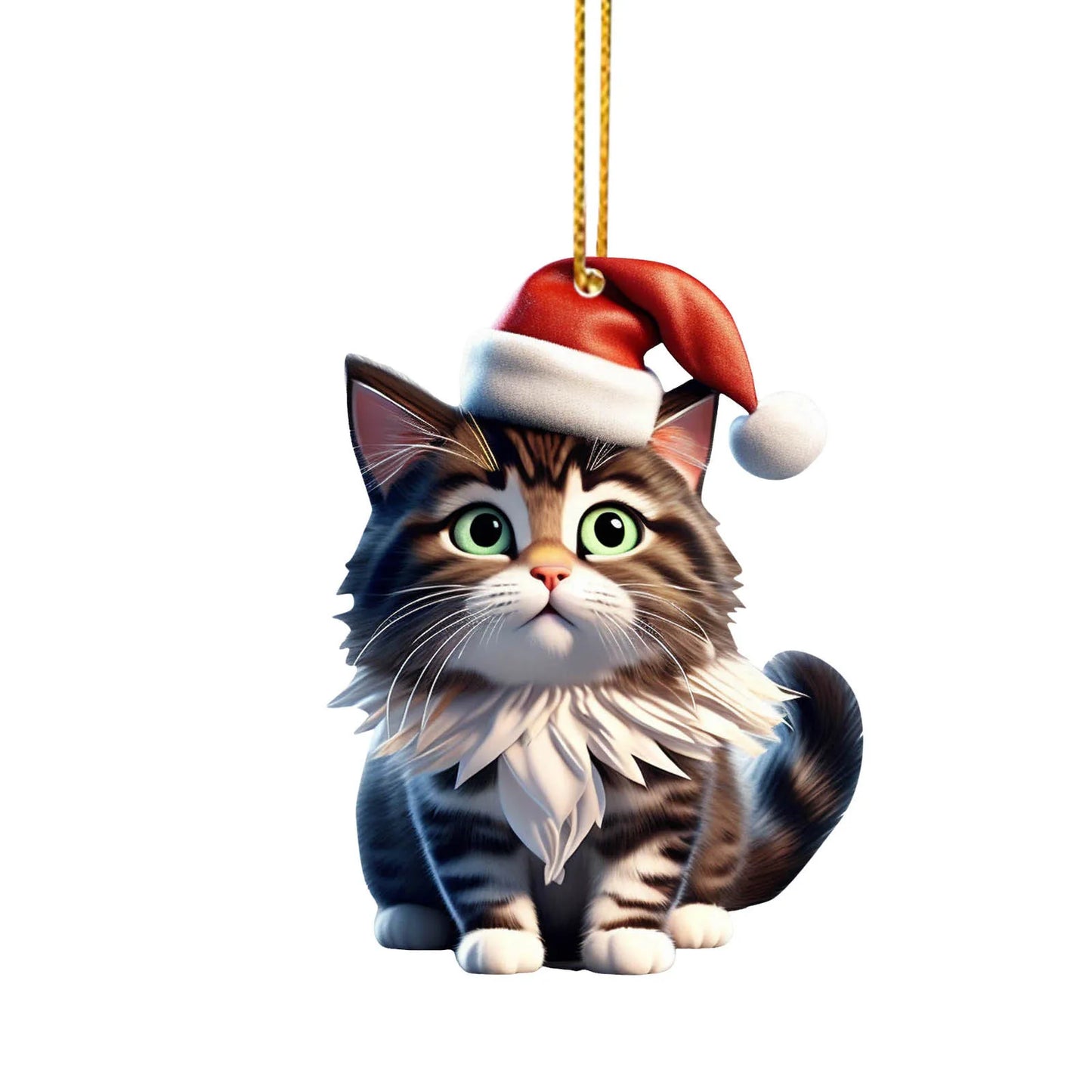 2D Acrylic Funny Cat Christmas Ornament | Santa Hat Pendant