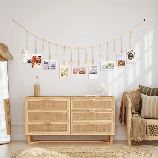 Rustic Boho Hanging Photo Display | Wood Beads, Clips & Tags Photo Display Garland Peaceful Pleasures Health and Wellness