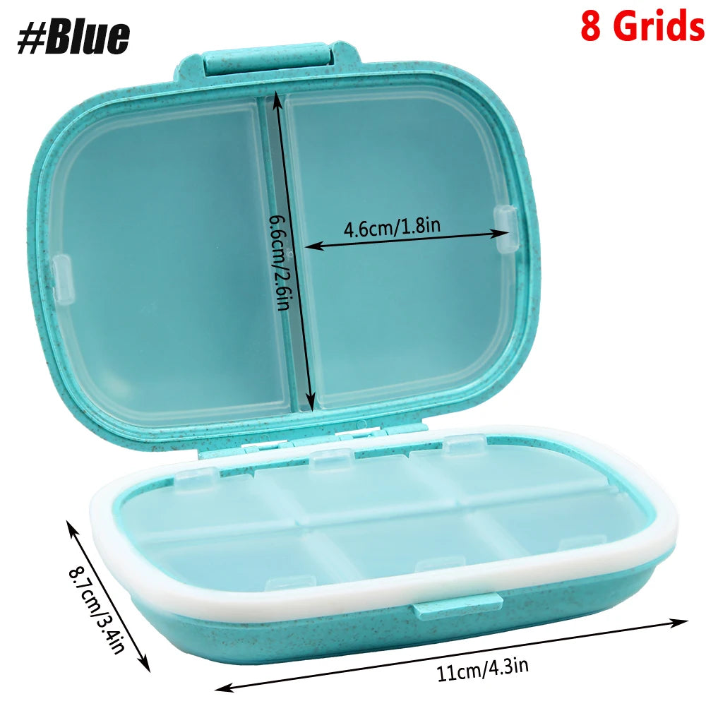 1Pcs Pill Case Portable Small Weekly Travel Pill Organizer Portable Pocket Pill Box Dispenser for Purse Vitamin Fish Oil Pillbox Peaceful Pleasures Health and Wellness 8 Grids-Blue