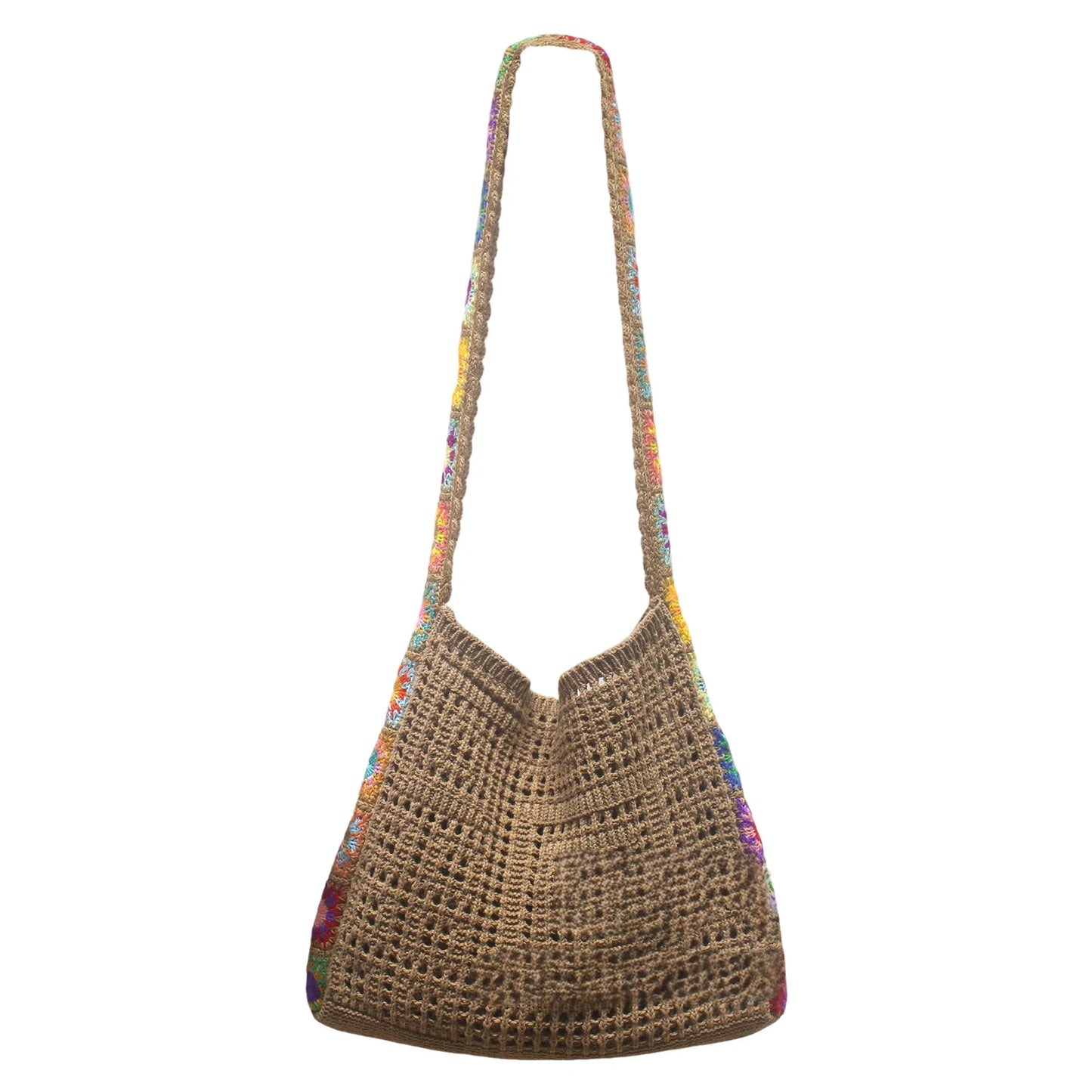 Boho Knitted Shoulder Tote Bag Travel Crossbody Bag Summer Vacation Beach Handbags for Holiday Vacation Camping Picnic Peaceful Pleasures Health and Wellness Chestnut yellow