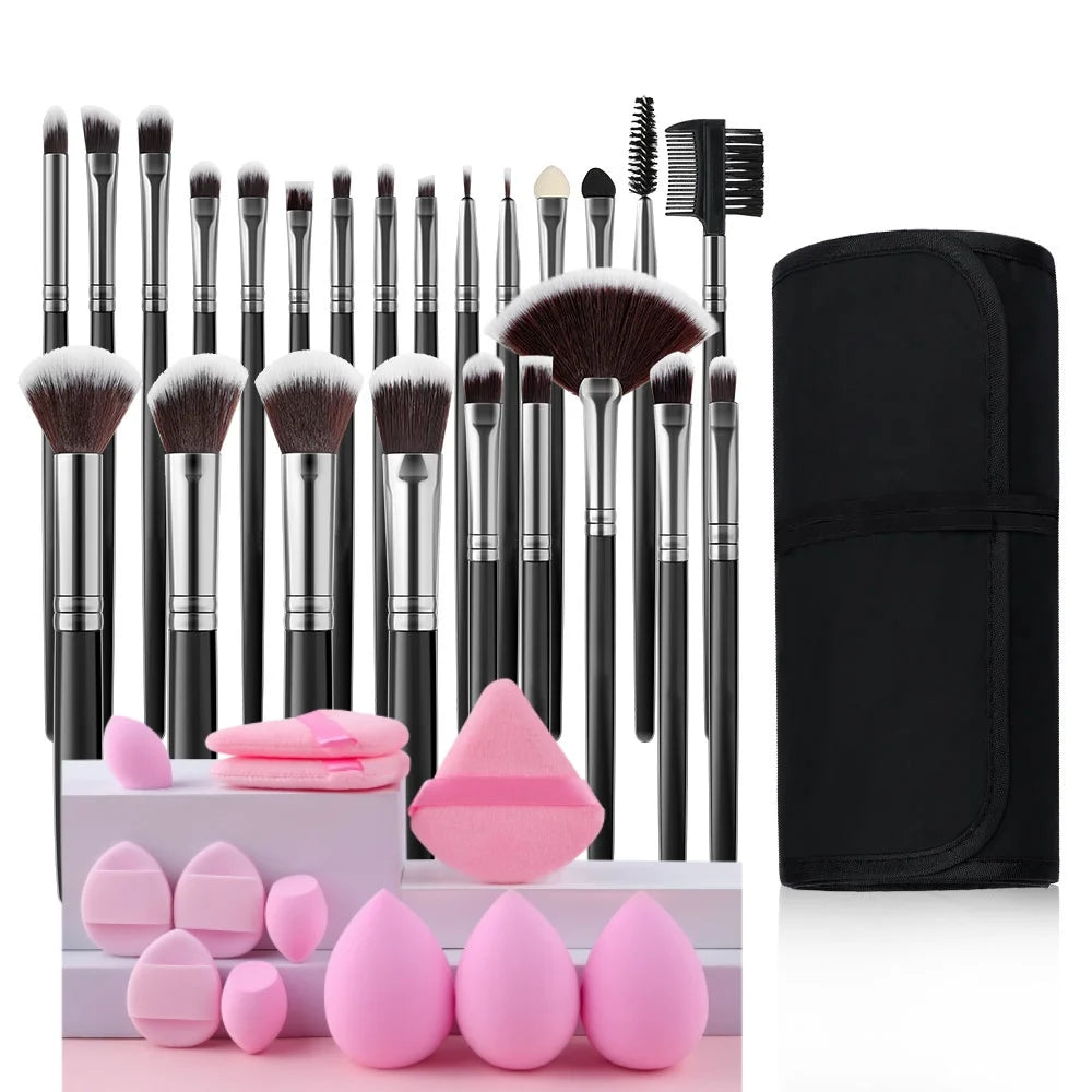 24-Piece Professional Black Makeup Brush Set with Bag